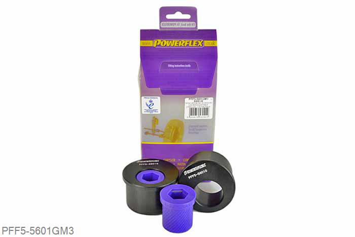 PFF5-5601GM3, BMW E46 3 Series M3, Front Wishbone Rear Bush, Caster Offset PFF5-5601GM3 offers additional +0.5 of caster over PFF5-5601M3 and is a high performance option to PFF5-4601M3, and aimed at offering greater precision for people wanting the very best from their E46 M3. This new part, fitted to the rear of the front wishbone has a hard anodised aluminium outer shell with one of our unique low friction polyurethane centre bushes. The poly/alu combination creates a low friction rotating bush reducing the forces acting on the arm. Lower arm deflection has been decreased by reducing the compliant material within the aluminium shell. Results are less movement in the arm under cornering and braking, improving steering control and feel. For the M3 models which have a thicker wishbone. Please ensure you have the correct size bush before fitting. Testing during the development of this bush has indicated stiffness gains of 128% compared with the original rubber bush. Our Black Series part increases siffness by 28%, to give an 190% increase in stiffness over the original part 60mm, 2 stuk(s) benodigd  per auto, 2 stuk(s) in verpakking, prijs per set van 2 stuk(s)
