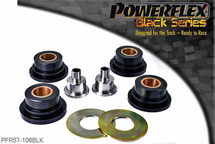 PFR57-106BLK, Porsche 964 (1989 - 1994) Rear Trailing Arm Front Bush, PFR57-106 has been designed to replace the rear trailing arm front bush where the arm locates onto the chassis. These bushes are no longer available from Porsche unless you buy the complete arm at a cost of over 1000.00.  The RS model had a stiffer bush fitted over the standard non RS models, the Powerflex bush will upgrade the standard bushes to a similar stiffness to that of the RS version.  PFR57-106 comes with Oil Lite bearings to allow the arm to pivot freely allowing the suspension to work with no loading from the bush with positive location., 2 stuk(s) benodigd  per auto, 2 stuk(s) in verpakking, prijs per set van 2 stuk(s)