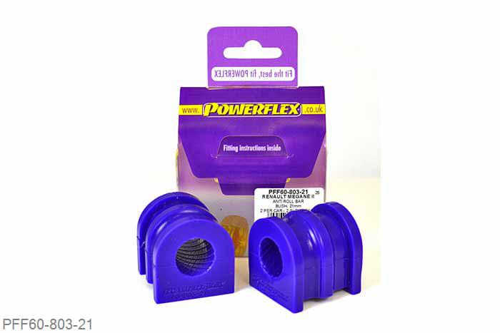 PFF60-803-21, Renault Megane II inc RS 225, R26 and Cup (2002 - 2008), Front Anti Roll Bar Bush 21mm This part replaces OE number: 7701059672 to suit 21mm anti roll bars. This bush is half the length of the bracket and uses a spacer, for models with full bush with no spacer use PFF60-503-*. 21mm, 2 stuk(s) benodigd  per auto, 2 stuk(s) in verpakking, prijs per set van 2 stuk(s)