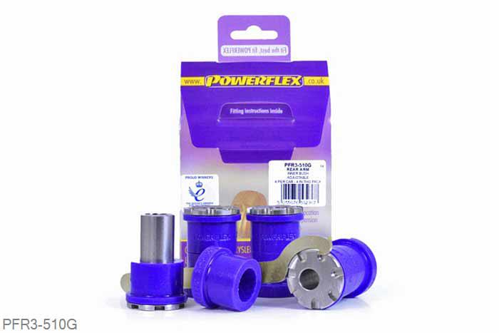 PFR3-510G, VW New Beetle and Cabrio (1998-2011) 4Motion, Rear Arm Inner Bush Camber Adjustable These bushes offer on-car adjustment of the rear camber angles of up to 2 degrees. This part replaces OE numbers: 1J0505323L and 1J0505323N. For a non-adjustable version of this bush please use PFR3-510., 4 stuk(s) benodigd  per auto, 4 stuk(s) in verpakking, prijs per set van 4 stuk(s)