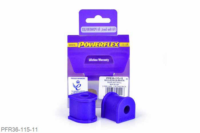 PFR36-115-11, Mazda MX5 NA (1989-1998), Rear Anti Roll Bar Mounting Bush 11mm This part replaces OE number: FSK7326K. Please check anti roll bar diameter before ordering. 11mm, 2 stuk(s) benodigd  per auto, 2 stuk(s) in verpakking, prijs per set van 2 stuk(s)