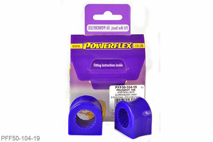 PFF50-104-19, Citroen Saxo (inc VTS), Anti Roll Bar Outer Bush 19mm This part replaces OEM Part number 5094.59.  Fits Peugeot 106 and Citroen Saxo up to and including 1.5L models. 19mm, 2 stuk(s) benodigd  per auto, 2 stuk(s) in verpakking, prijs per set van 2 stuk(s)