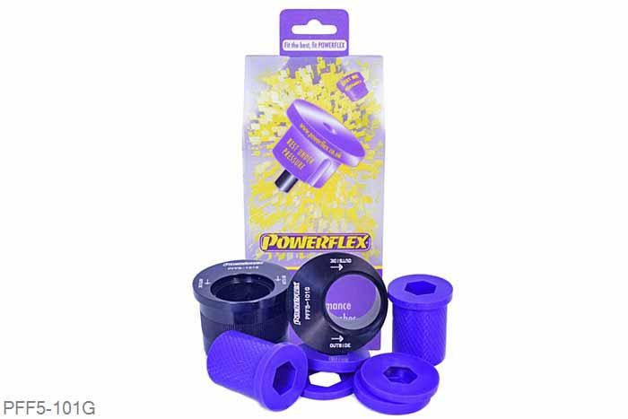 PFF5-101G, Mini Mini Generation 1 (R50/52/53) (2000 - 2006), Front Wishbone Rear Bush, Caster Adjusted PFF5-101G offers additional +2 of caster and is a high performance option to PFF5-101. Aimed at offering greater precision with improved geometry for people wanting the very best from their Mini. This new part, fitted to the rear of the front wishbone has a hard anodised aluminium outer shell with one of our unique low friction polyurethane centre bushes. The poly/alu combination creates a low friction rotating bush reducing the forces acting on the arm. Lower arm deflection has been decreased by reducing the compliant material within the aluminium shell. Additional caster angle will give more negative camber when cornering giving improved tyre to road contact. Results are improved geometry when turning giving additional grip, steering control and feel with less movement in the arm under cornering and braking.  When fitting PFF5-132G Camber Ball Joint, which offers additional negative camber, we recommend using PFF5-101G which neutralises the caster lost by moving the arm position bringing the caster angle back to standard., 2 stuk(s) benodigd  per auto, 2 stuk(s) in verpakking, prijs per set van 2 stuk(s)