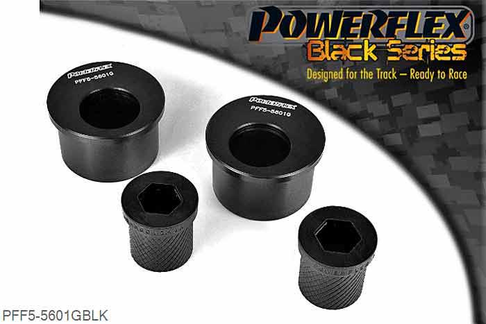 PFF5-5601GBLK, BMW E46 3 Series Compact Front Wishbone Rear Bush, Caster Offset, PFF5-5601G offers additional +0.5 of caster over PFF5-5601 and is a high performance option to PFF5-4601, and aimed at offering greater precision with improved geometry for people wanting the very best from their E46 or Z4. Testing during the development of this bush has indicated stiffness gains of 190% compared with the original rubber bush. This new part, fitted to the rear of the front wishbone has a hard anodised aluminium outer shell with one of our unique low friction polyurethane centre bushes. The poly/alu combination creates a low friction rotating bush reducing the forces acting on the arm. Lower arm deflection has been decreased by reducing the compliant material within the aluminium shell. Results are less movement in the arm under cornering and braking, improving steering control and feel. This bush is designed to fit the 66mm aluminium bush OE mounting bracket (BMW part 31126783376) Please ensure you have the correct size bush before fitting. 66mm, 2 stuk(s) benodigd  per auto, 2 stuk(s) in verpakking, prijs per set van 2 stuk(s)