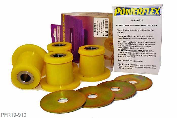 PFR19-910, Ford Mondeo (2000 to 2007), Rear Subframe Mounting Bushes This bush fits saloon and hatch models only NOT ESTATE VERSIONS. OE Numbers  1S71-5K817-AC - 1S71-5K818-AC - 1404976 - 1404977. - The rear subframe is held to the body with 4 rubber bushes, these bushes fail making the rear subframe to come away from the body, this causes knocking from the rear and is an MOT failure. PFR19-910 are an easy to fit reliable fix to this problem., 4 stuk(s) benodigd  per auto, 4 stuk(s) in verpakking, prijs per set van 4 stuk(s)