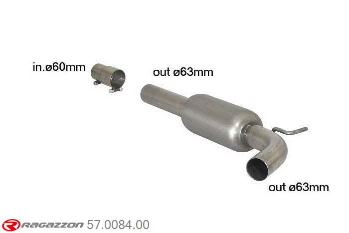 57.0084.00, VW Polo 6R 2.0R WRC Street (162kW) 2013-, Stainless steel centre silencer - Oversized exhaust pipe diameter 63,5 mmCut of the original centre silencer towards the rear silencer. The installation on the original rear silencer requires a modification of the original coupling. inner outlet diameter 63,5mm with reduction inner diameter  60mm pipe outer diameter 63,5mm outer outlet diameter 63,5mm