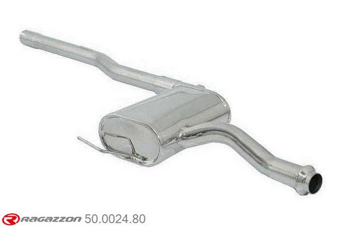 50.0024.80, Fiat Bravo (typ182) 1.2 16V (60kW) - 80 16V 04/1998 - 2006, Stainless steel centre silencerCut of the original centre silencer towards the rear silencer. The installation on the original rear silencer requires a modification of the original coupling. inner input diameter 53mm pipe outer diameter 54mm