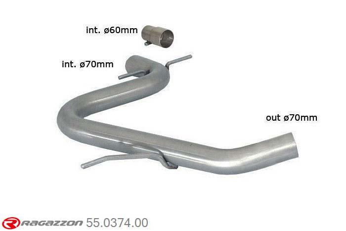 55.0374.00, VW Golf VI 2.0 GTI TSI (155kW) Oversized Diameter 70mm 2009-, Stainless steel centre pipe group N - Oversized exhaust pipe diameter 70 mmCut of the original centre silencer. For the installation on the original rear silencer is necessary to order a coupling, which is indicated in the catalogue. inner input diameter 70mm with reduction to  60mm pipe outer diameter 70mm outer outlet diameter 70mm