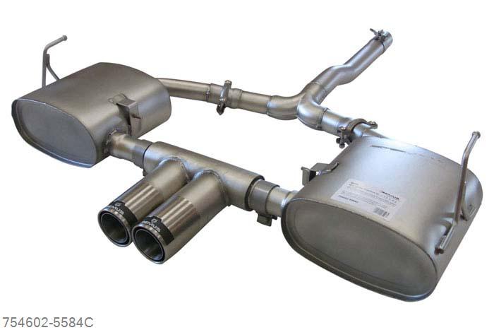 754602 5584C, Mini Cooper S R50, Year 2002- , 1.6l 120 kW, Remus Sport exhaust left and sport exhaust right with centered 2 tail pipes round 84 mm Street Race (tail pipe position in the middle of the rear skirt)