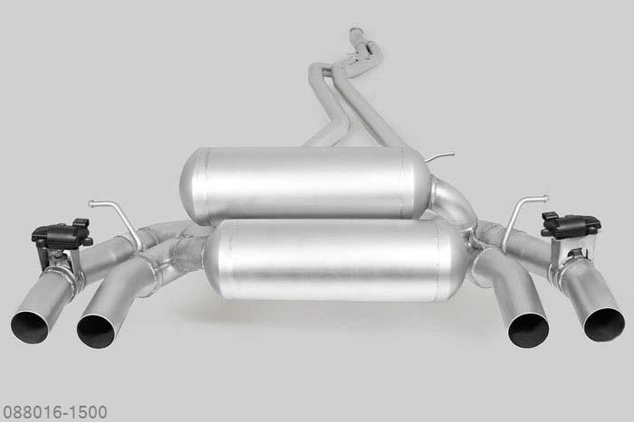 088016 1500, BMW M2 F87 Coupe, Year 2016- , 3.0l 272 kW, Remus Cat-back-system L/R (without tail pipes)with integrated valves, incl. EEC homologationOriginal tube round 80 mm, REMUS tube 2 x round 65 mmThe system includes an additional original BMW actuator and a Y-cable for connecting both actuators  with the onboard electronics of the vehicle.