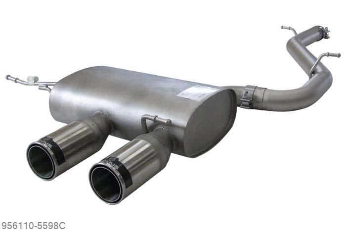 956110 5598C, VW Golf VI R, type 1K, Year 2010- , 2.0l TSI 199 kW (CDLF), Remus Sport exhaust round 70 mm centered with 2 tail pipes round 98 mm Street Race incl. connection tube round 70 mm (fits on original front silencer with adaptor)