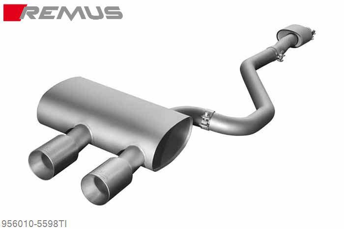 956010 5598TI, VW Golf VI R, type 1K, Year 2010- , 2.0l TSI 199 kW (CDLF), Remus Titanium sport exhaust round 70 mm centered with 2 tail pipes round 98 mm incl. connection tube round 70 mm (fits with adapter onto original front silencer)