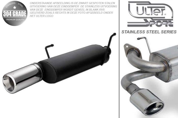 Ulter Sport, Einddemper, Geheel RVS, Enkel Rond 100mm, Peugeot, 206, 2.0i 16V  GTI  101kW/138PK, 99-, HATCHBACK, Pasklaar, Past op originele middendemper/katalysator