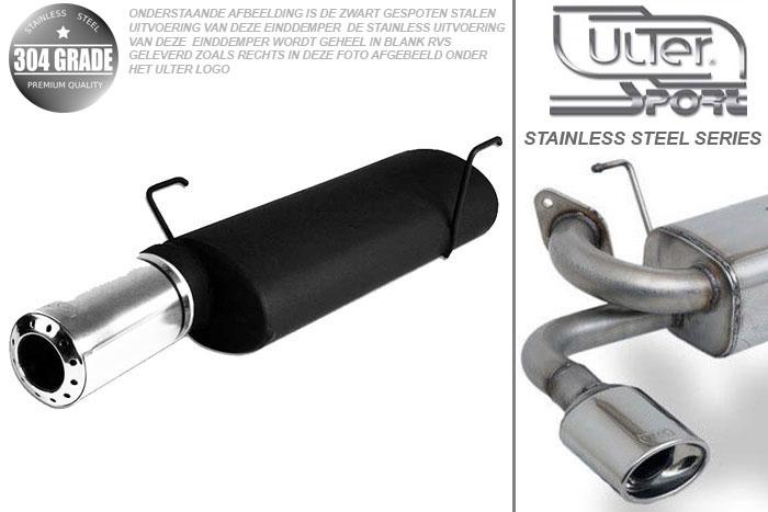 Ulter Sport, Einddemper, Geheel RVS, Enkel Rond 100mm, Peugeot, 206, 1.1 44kW, 1.4 55kW, 1.6 65kW, 98-03, Pasklaar, Past op originele middendemper/katalysator