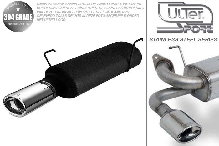 Ulter Sport, Einddemper, Geheel RVS, Enkel Ovaal 120x80mm *, Peugeot, 206, 1.1 44kW, 1.4 55kW, 1.6 65kW, 98-03, Pasklaar, Past op originele middendemper/katalysator