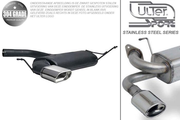 Ulter Sport, Einddemper, Geheel RVS, Enkel plat ovaal 145x75mm, VW, GOLF V, 1.4 55kW, 1.4 FSi 66kW, 1.6 75kW, 1.6 FSi 85kW, 2.0 FSi 110kW, 2.0 Sdi 55kW, 1.9 TDi 66/77kW, 2.0 TDi 100/103kW, 2003-, Pasklaar, Past op originele middendemper/katalysator