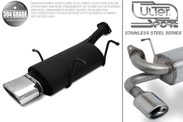 Ulter Sport, Einddemper, Geheel RVS, Enkel plat ovaal 145x75mm, Suzuki, SWIFT, 1.0 37/39/41kW, 1.3 47//50/52/54kW, 89-05  SEDAN, Pasklaar, Past op originele middendemper/katalysator