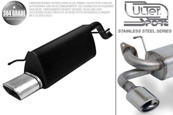 Ulter Sport, Einddemper, Geheel RVS, Enkel plat ovaal 145x75mm, Fiat, GRANDE PUNTO, 1.2 48kW. 1.4 57kW, 1.4 16V 70kW, 05-, Pasklaar, Past op originele middendemper/katalysator
