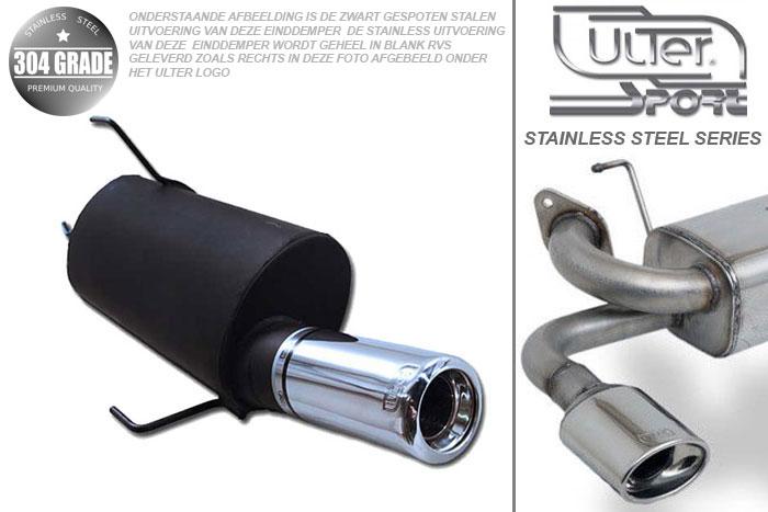 Ulter Sport, Einddemper, Geheel RVS, Enkel Rond 80mm, Peugeot, 206, 1.1 44kW, 1.4 55kW, 1.6 65kW, 98-03, Pasklaar, Past op originele middendemper/katalysator