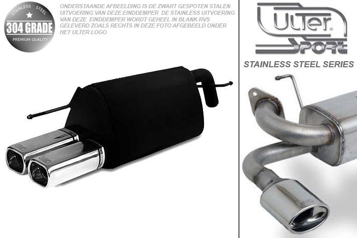 Ulter Sport, Einddemper, Geheel RVS, Dubbel Rechthoek 80x65mm, Fiat, GRANDE PUNTO, 1.2 48kW. 1.4 57kW, 1.4 16V 70kW, 05-, Pasklaar, Past op originele middendemper/katalysator