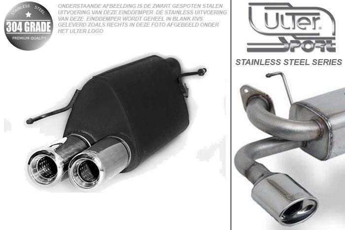 Ulter Sport, Einddemper, Geheel RVS, Dubbel Rond 80mm, Fiat, GRANDE PUNTO, 1.2 48kW. 1.4 57kW, 1.4 16V 70kW, 05-, Pasklaar, Past op originele middendemper/katalysator