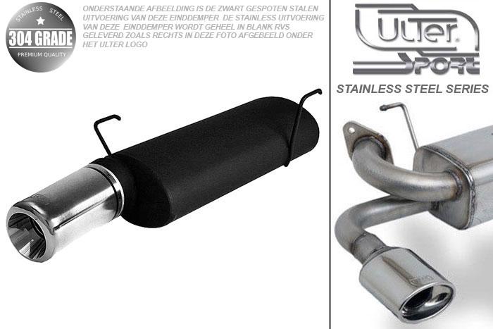 Ulter Sport, Einddemper, Geheel RVS, Enkel Rond 100mm, Peugeot, 206, 1.1 44kW, 1.4 55kW, 1.6 65kW, 98-03, Pasklaar, Past op originele middendemper/katalysator