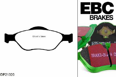 DP21320, Ford Ka, 1.6 2003-2008, EBC Greenstuff remblokken set vooras, Voor modellen met ATE remklauwen aan de vooras, Voor modellen met een remschijf diameter 258mm