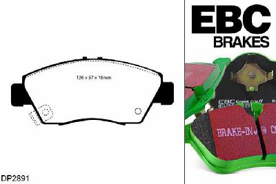 DP2891, Honda Civic (6th Gen), 1.6 VTec (EK1) 1998-1999, EBC Greenstuff remblokken set vooras, Voor modellen met Akebono remklauwen aan de vooras, Voor modellen met een remschijf diameter 262mm