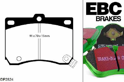 DP2824, Mazda MX3, 1.6 1991-1997, EBC Greenstuff remblokken set vooras, Voor modellen met Sumitomo remklauwen aan de vooras, Voor modellen met een remschijf diameter 257mm