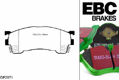DP2971, Mazda MX6, 2.0 1992-1997, EBC Greenstuff remblokken set vooras, Voor modellen met Sumitomo remklauwen aan de vooras, Voor modellen met een remschijf diameter 258mm