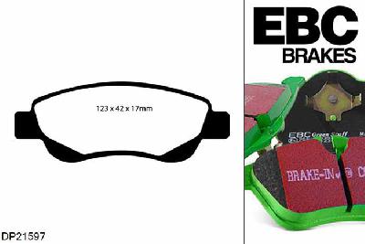 DP21597, Toyota Aygo, 1.4 D 2006-2014, EBC Greenstuff remblokken set vooras, Voor modellen met een remschijf diameter 247mm