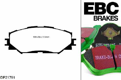 DP21791, Toyota Yaris, 1.5 hybrid (NHP130) 2012-2013, EBC Greenstuff remblokken set vooras, Voor modellen met Akebono remklauwen aan de vooras, Voor modellen met een remschijf diameter 275mm