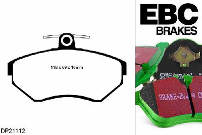 DP21112, VW Golf Cabriolet Mk3, 1.9 TDI 90 PK 1998-2002, EBC Greenstuff remblokken set vooras, Voor modellen met Girling/TRW remklauwen aan de vooras, Voor modellen met een remschijf diameter 256mm