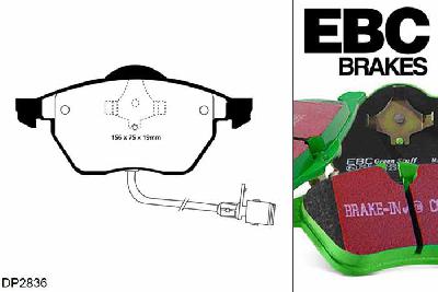 DP2836, VW Passat, 1.9 TDI 115 PK 1996-1999, EBC Greenstuff remblokken set vooras, Voor modellen met ATE remklauwen aan de vooras, Voor modellen met een remschijf diameter 282mm