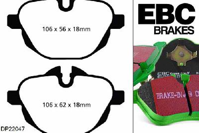 DP22047, BMW 5 Series (F11), 530 d (3.0 TD) 2010-2017, EBC Greenstuff remblokken set achteras, Voor modellen met TRW remklauwen aan de achteras, Voor modellen met remschijf diameter van 330mm aan de achteras