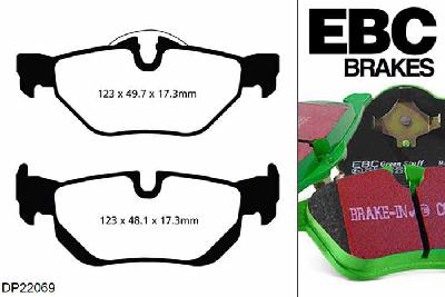 DP22069, BMW X1, 2.0 TD (20d) 177 PK 2009-2011, EBC Greenstuff remblokken set achteras, Voor modellen met ATE remklauwen aan de achteras, Voor modellen met remschijf diameter van 300mm aan de achteras