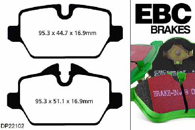 DP22102, Mini Mini Countryman (R60), 1.6 Turbo Cooper S 4WD 2010-2017, EBC Greenstuff remblokken set achteras, Voor modellen met TRW remklauwen aan de achteras, Voor modellen met remschijf diameter van 280mm aan de achteras