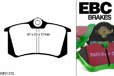 DP21230, Skoda Octavia (1U), 1.9 TDI 110 PK 2000-2006, EBC Greenstuff remblokken set achteras, Voor modellen met Girling/TRW remklauwen aan de achteras, Voor modellen met remschijf diameter van 233mm aan de achteras
