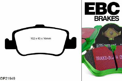 DP21949, Toyota Auris, 1.8 (ZWE186) 2012-, EBC Greenstuff remblokken set achteras, Voor modellen met Bosch remklauwen aan de achteras, Voor modellen met remschijf diameter van 270mm aan de achteras