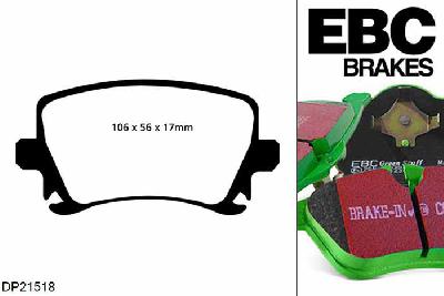 DP21518, VW Golf Mk5, 2.0 TDI 4motion 170 PK 2004-2009, EBC Greenstuff remblokken set achteras, Voor modellen met TRW remklauwen aan de achteras, Voor modellen met remschijf diameter van 286mm aan de achteras