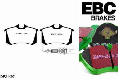 DP21497, VW Golf Mk6, 2.0 TDI 140 PK 2009-2013, EBC Greenstuff remblokken set achteras, Voor modellen met TRW remklauwen aan de achteras, Voor modellen met remschijf diameter van 255mm aan de achteras