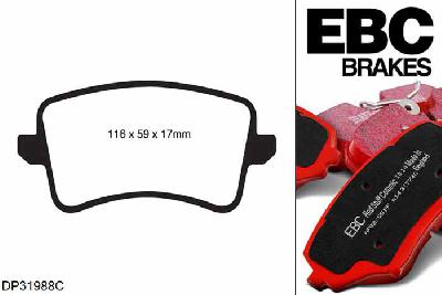 DP31988C, Audi Q5 (8R), 2.0 Turbo hybrid 245 PK 2012-2017, EBC Redstuff remblokken set achteras, Voor modellen met TRW remklauwen aan de achteras, Voor modellen met remschijf diameter van 330mm aan de achteras