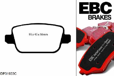 DP31933C, Ford Mondeo Mk4, 2.5 Turbo 2007-2011, EBC Redstuff remblokken set achteras, Voor modellen met TRW remklauwen aan de achteras, Voor modellen met remschijf diameter van 302mm aan de achteras