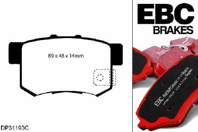 DP31193C, Honda Civic (8th Gen), 1.8 (FD1) 2007-2012, EBC Redstuff remblokken set achteras, Voor modellen met Akebono remklauwen aan de achteras, Voor modellen met remschijf diameter van 260mm aan de achteras