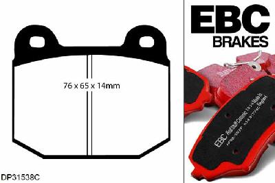 DP31538C, Mitsubishi Lancer Evo 6, 2.0 Turbo 1998-2001, EBC Redstuff remblokken set achteras, Voor modellen met Brembo remklauwen aan de achteras, Voor modellen met remschijf diameter van 300mm aan de achteras