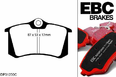 DP31230C, Peugeot 307, 1.6 2001-2008, EBC Redstuff remblokken set achteras, Voor modellen met Girling/TRW remklauwen aan de achteras, Voor modellen met remschijf diameter van 249mm aan de achteras