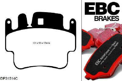 DP31514C, Porsche 911 (996) (Cast Iron Disc Only), 3.6 GT3 381 PK 2003-2005, EBC Redstuff remblokken set achteras, Voor modellen met Brembo remklauwen aan de achteras, Voor modellen met remschijf diameter van 330mm aan de achteras