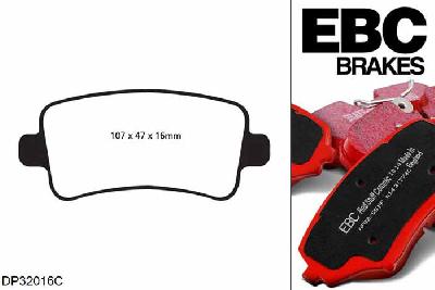 DP32016C, Saab 9-mei, 2.0 Turbo XWD 2010-2011, EBC Redstuff remblokken set achteras, Voor modellen met TRW remklauwen aan de achteras, Voor modellen met remschijf diameter van 315mm aan de achteras