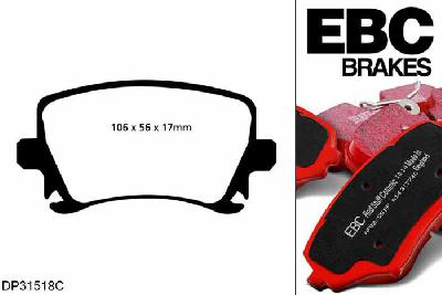 DP31518C, Seat Leon (1P), 2.0 Turbo Cupra R 265 PK 2009-2013, EBC Redstuff remblokken set achteras, Voor modellen met TRW remklauwen aan de achteras, Voor modellen met remschijf diameter van 286mm aan de achteras