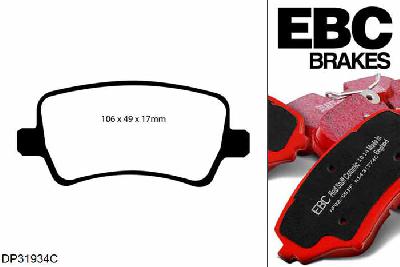 DP31934C, Volvo S80 Mk2, 2.0 (Elec H/B) 2008-2016, EBC Redstuff remblokken set achteras, Voor modellen met TRW remklauwen aan de achteras, Voor modellen met remschijf diameter van 302mm aan de achteras